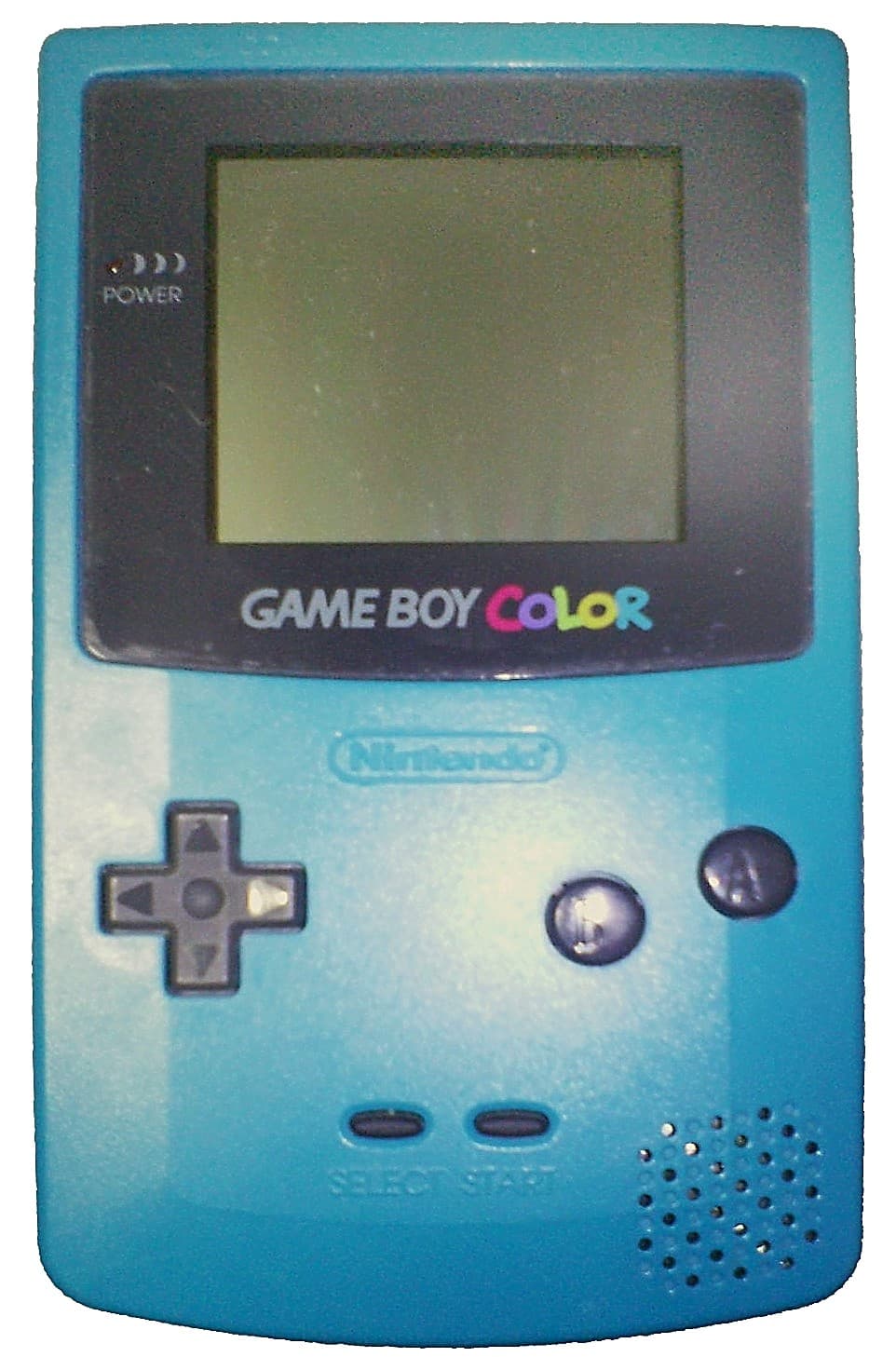 Una Game Boy Color azul turquesa, vista de frente y con la pantalla apagada