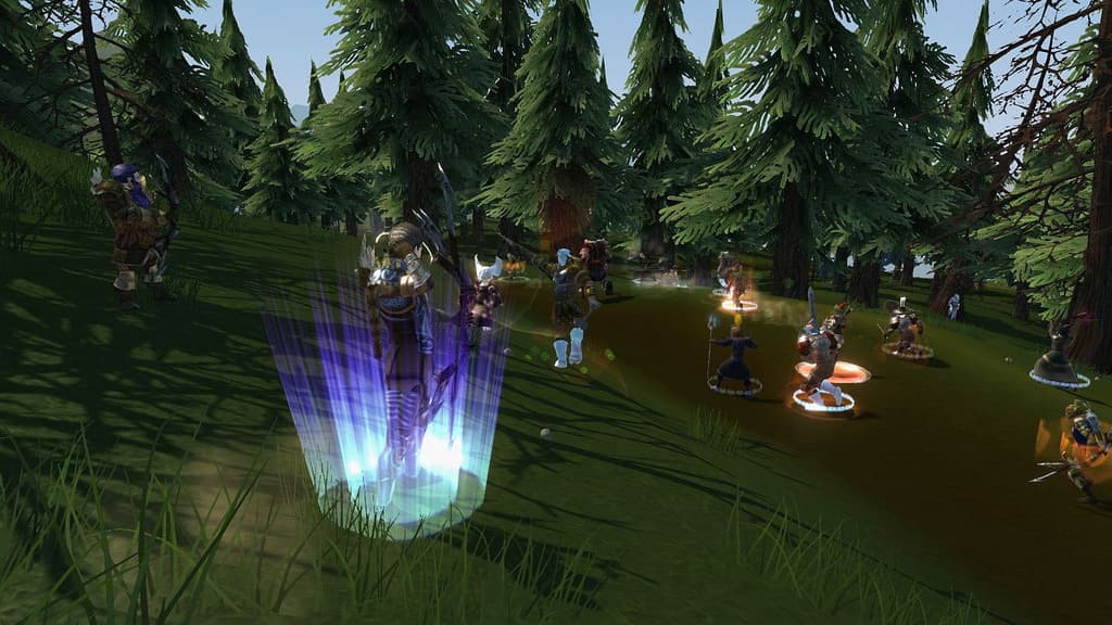 Personajes de Regnum Online reunidos en un bosque, con armas y efectos de magia