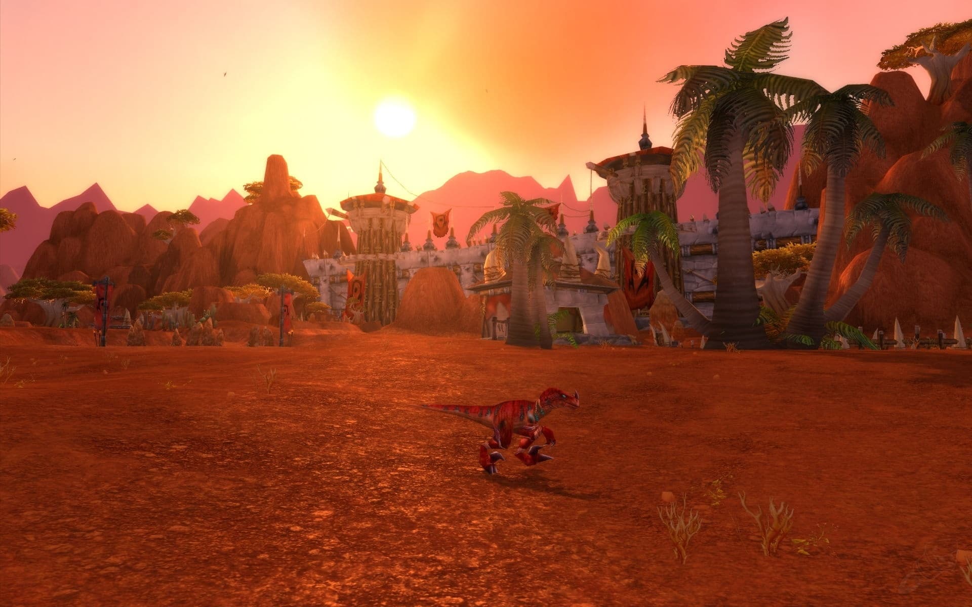 Durotar at sunset, with Orgrimmar in the distance