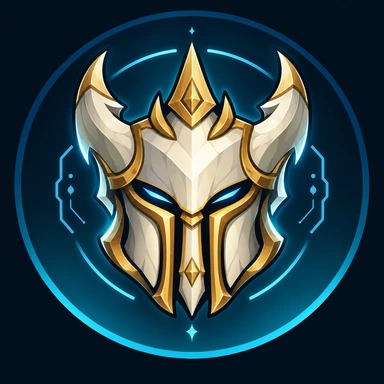 Emblema de MelusDev: un casco de fantasía dorado y marfil con detalles cian