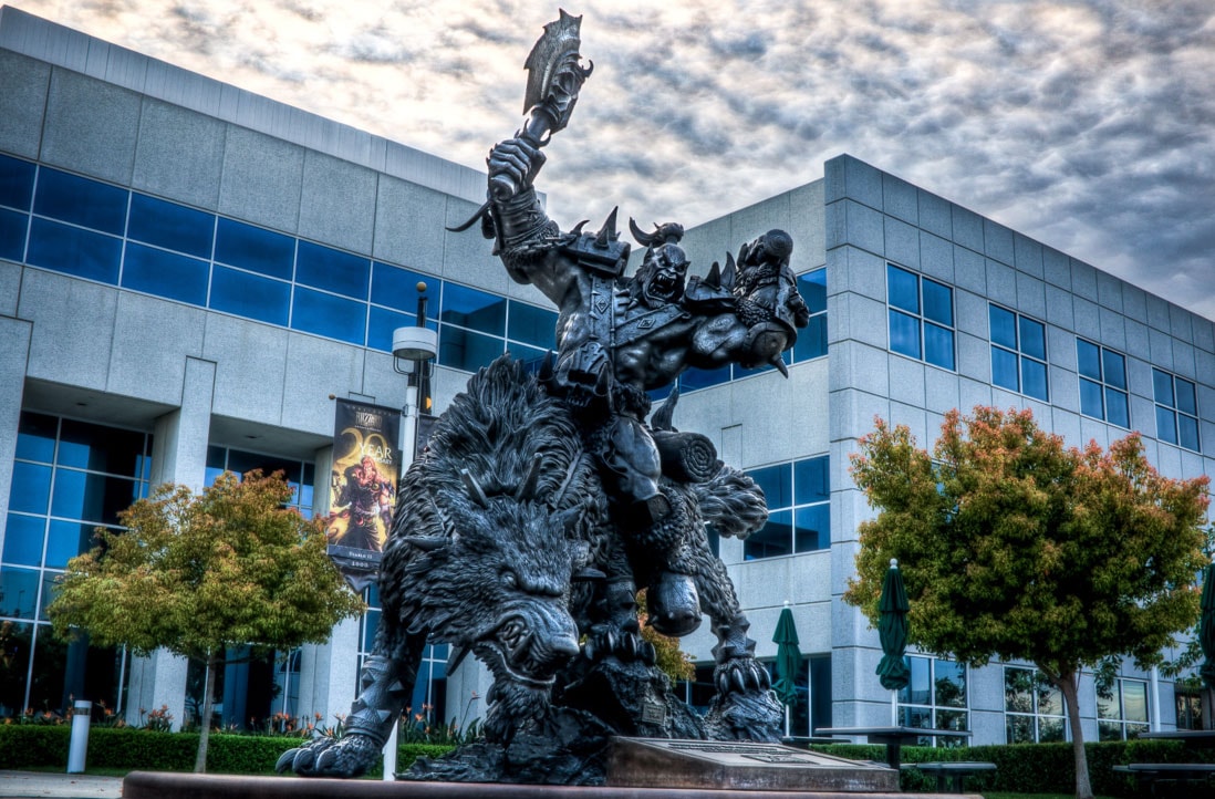 Statue of an orc riding a wolf at Blizzard’s Irvine campus