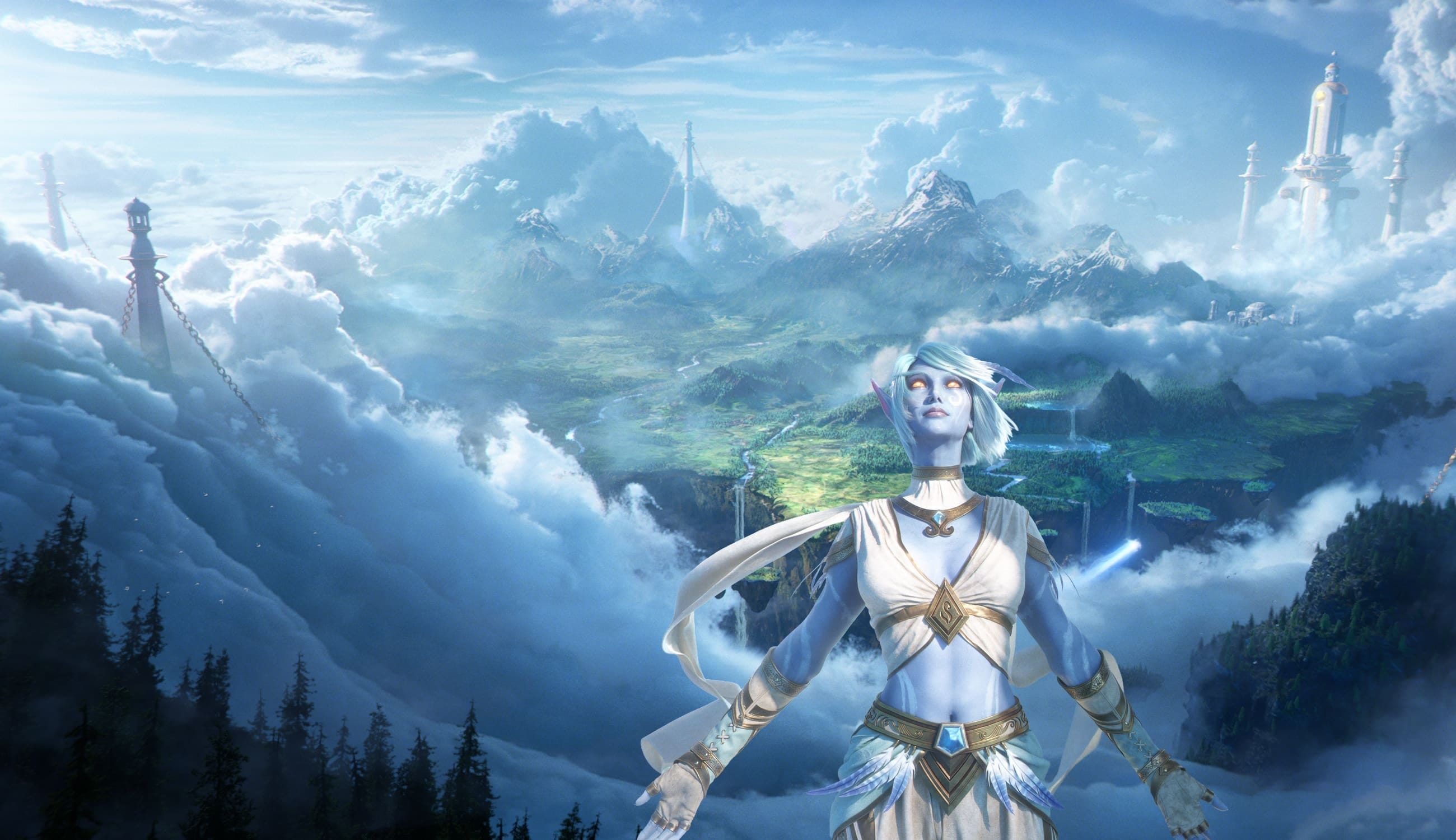 Skyborne against a landscape among clouds, official Warcraft Forever image